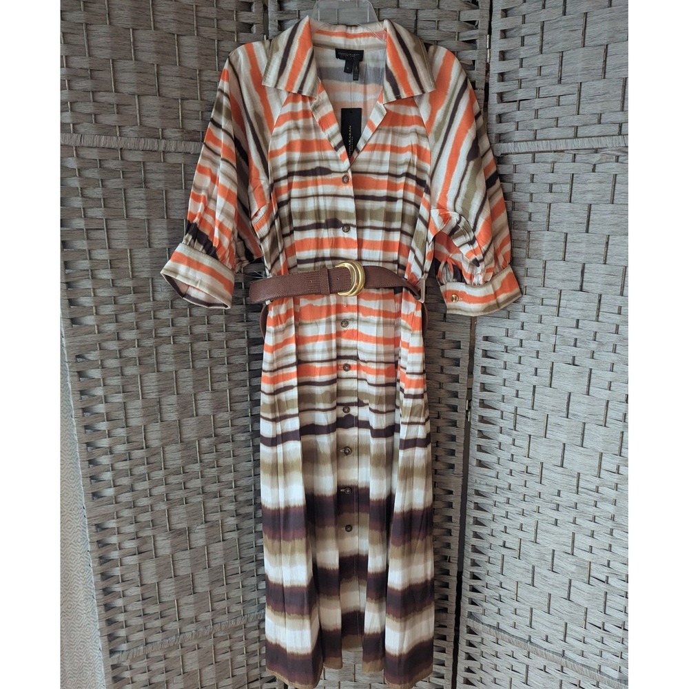 Donna Karan Shirt Dress Orange Brown Ikat Stripe Belted Sz 16 Preppy Polished